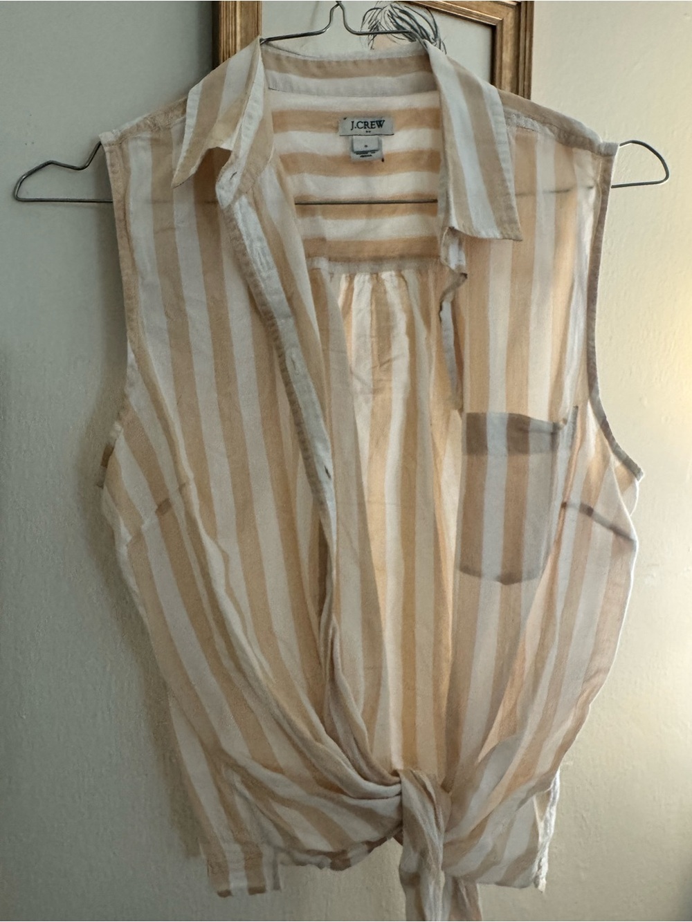 J. Crew White and Beige Striped Tie-Front Sleeveless Button-Down Top